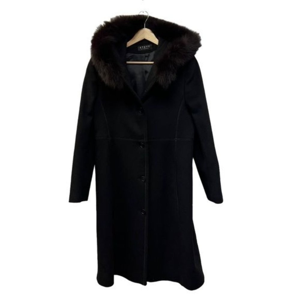 Searle Black Trench Coat with Faux Fur Collar